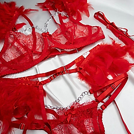 kırmızı gold ve tüy detaylı jartiyer takım