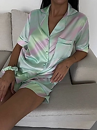 mint & pembe geçişli saten pijama takımı  ( toka hediyeli )