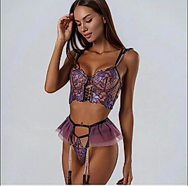 siyah-lila gübür zincir detaylı jartiyer takım