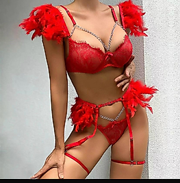 kırmızı gold ve tüy detaylı jartiyer takım