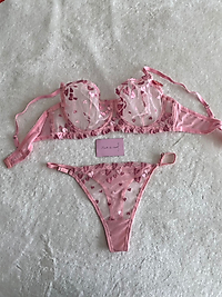 001 C cup pembe kalp desenli tül sütyen takımı