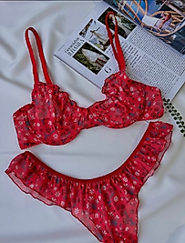 Kırmızı tül detaylı sütyen takımı